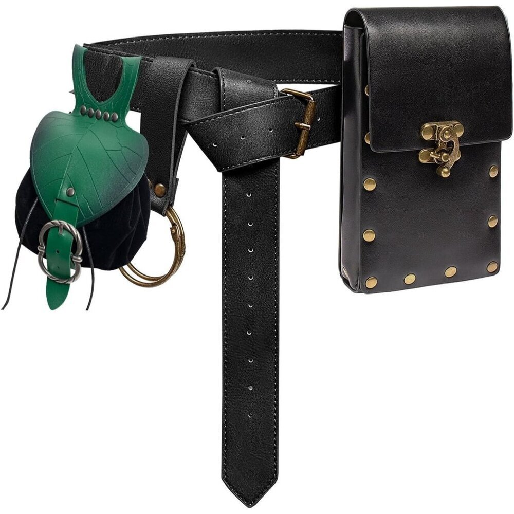 Steampunk Leaf Black Leather Belt Pouch Waist Bag Medieval Phone Holder CosplayX